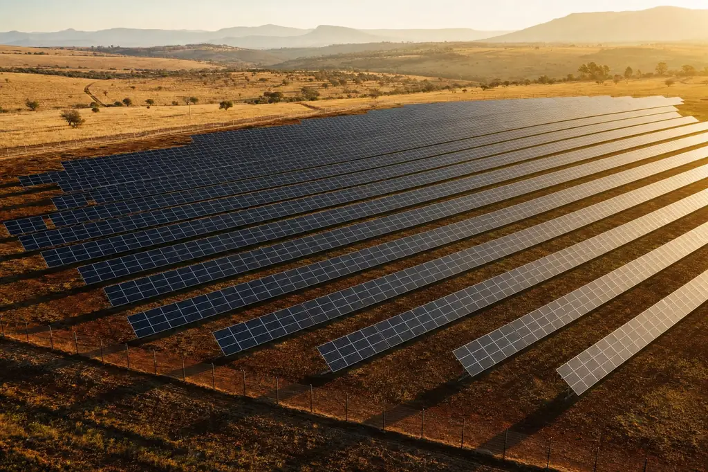 Commercial solar array at golden hour