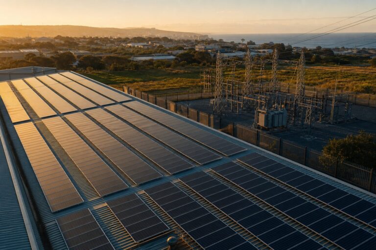 Rooftop solar on a Durban warehouse beside a substation, illustrating solar grid capacity in South Africa