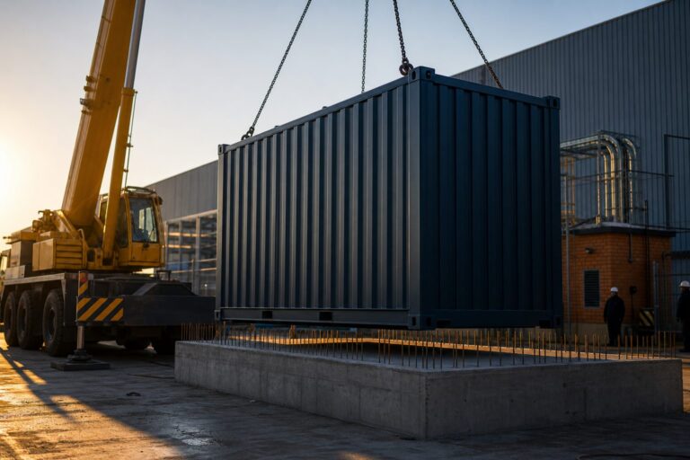 Crane lowering a containerised BESS onto a concrete plinth during installation at a South African industrial site