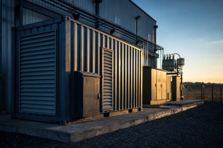 Containerised peak shaving BESS beside a South African industrial building in winter light