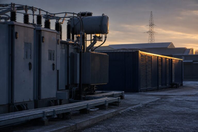 Containerised battery beside industrial switchgear at a South African plant during Eskom winter tariff peak hours
