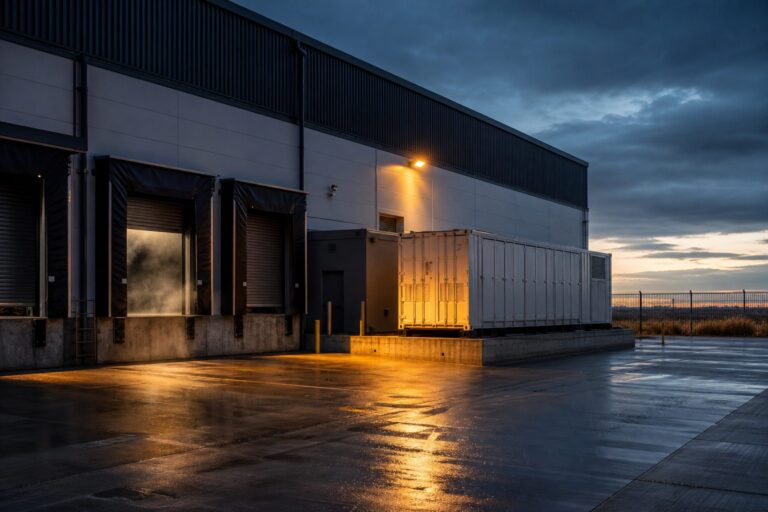 Containerised BESS beside a refrigerated warehouse dock — cold storage peak shaving at a South African cold store
