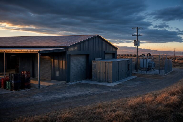 Ruraflex agri-processing facility with rooftop solar and a containerised BESS beside its rural substation