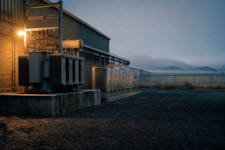Substation transformer and switchgear beside an empty factory yard at dawn, illustrating reserved capacity