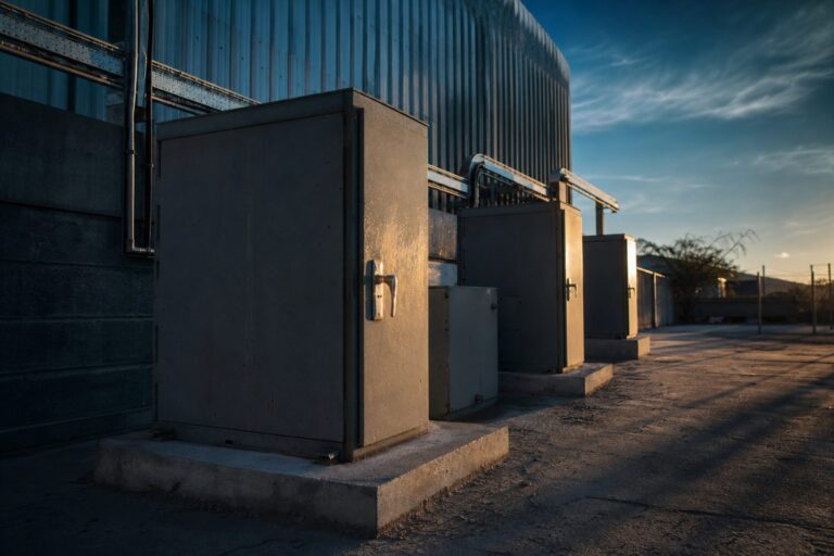 Late afternoon light on a switchgear yard at a South African industrial site