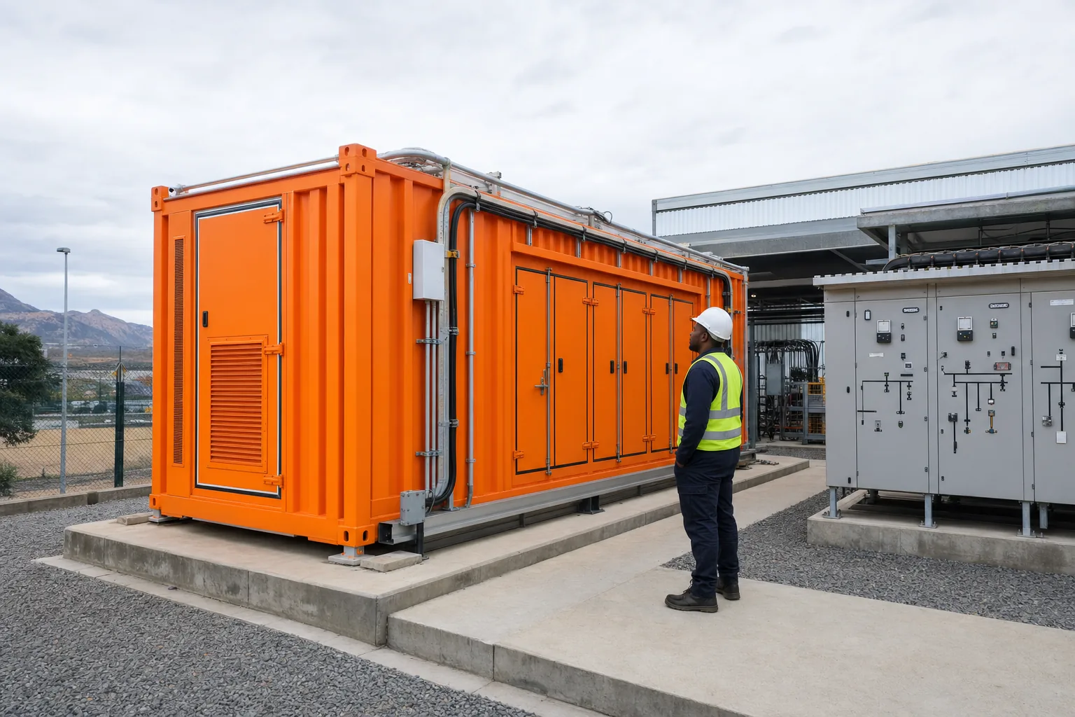 Containerised battery energy storage system on a concrete pad beside electrical switchgear at a commercial site