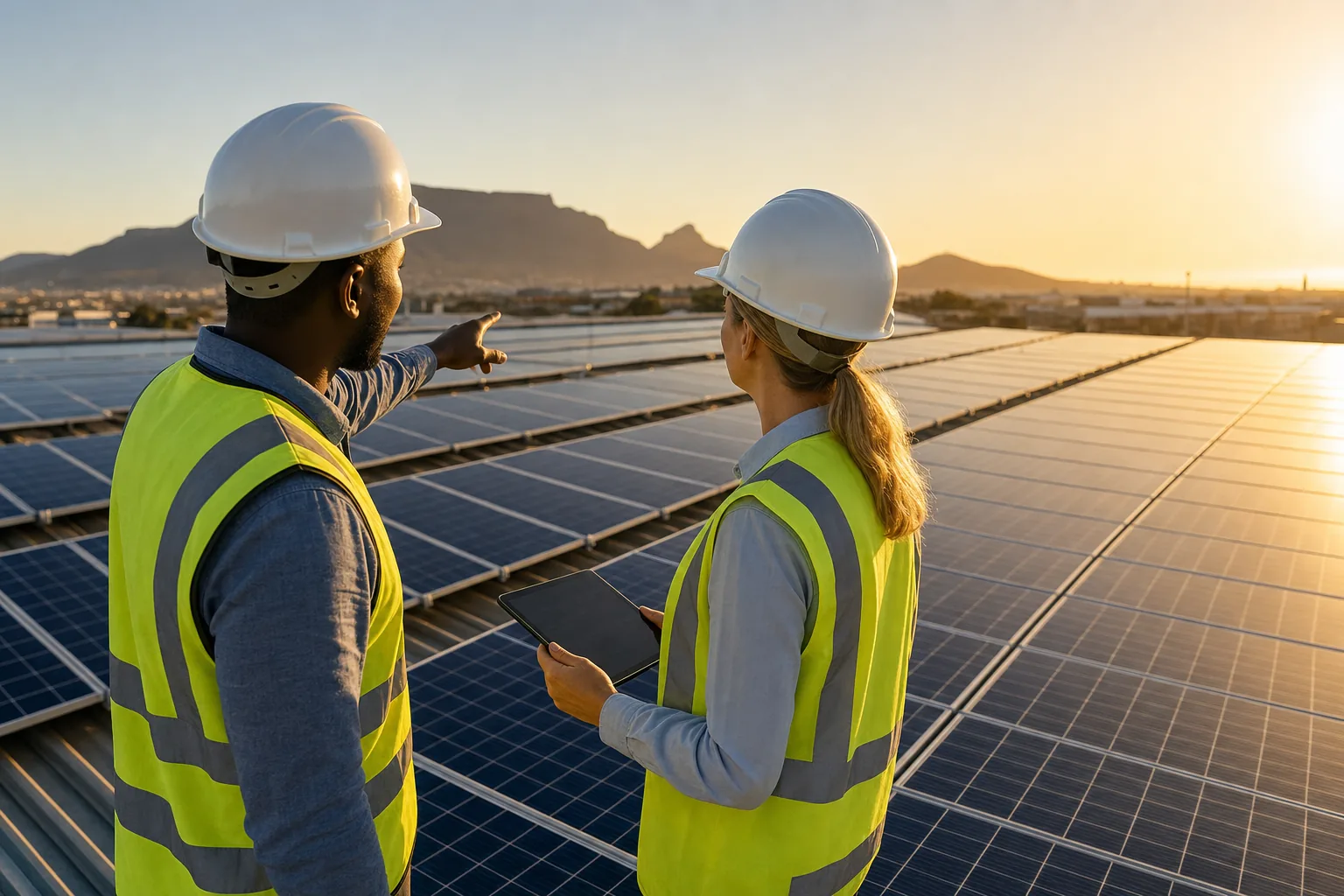Engineers in hi-vis hard hats inspecting a commercial rooftop solar array at sunset