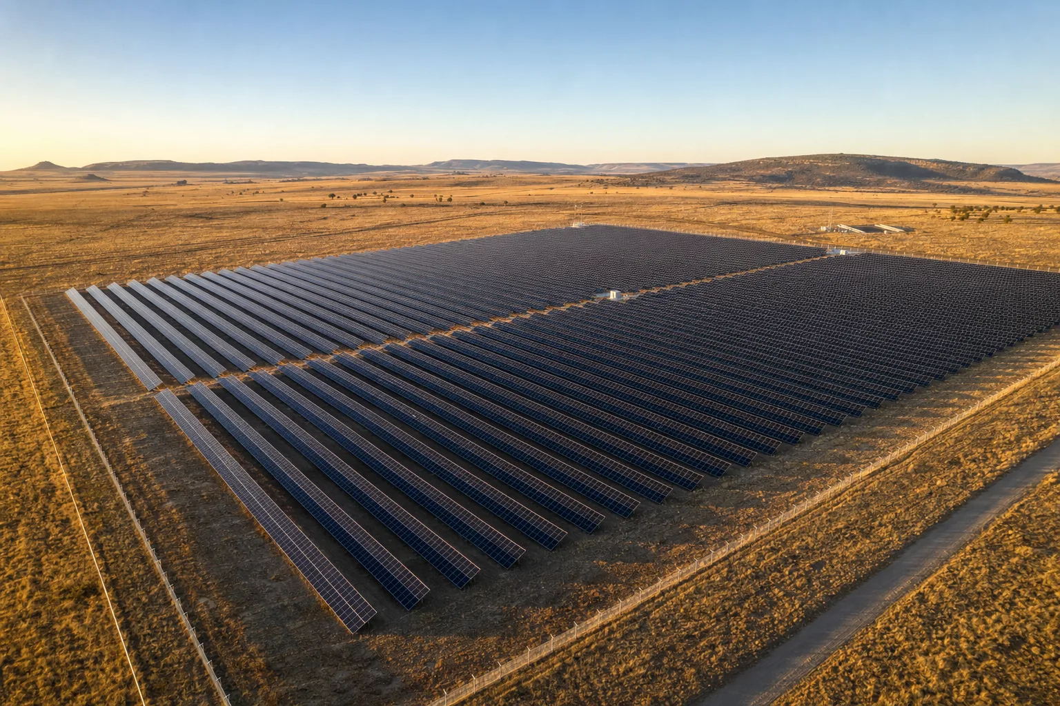 Aerial view of a utility-scale ground-mount solar farm on open grassland